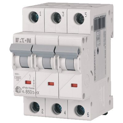 Wyłącznik nadprądowy 3P B 50A 6kA xPole Home HN-B50/3 Eaton Electric zamontowany na szynie TH35 w rozdzielnicy Wyłącznik nadprądowy 3P B 50A 6kA xPole Home HN-B50/3 Eaton Electric zamontowany na szynie TH35 w rozdzielnicy