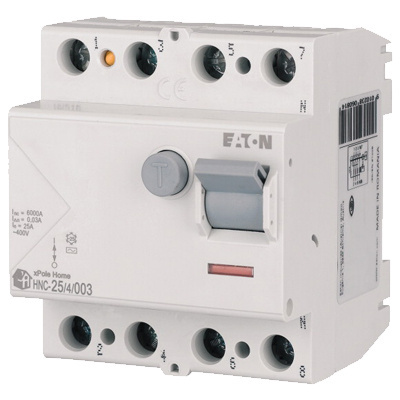 Wyłącznik różnicowoprądowy 4P 25A 0,03A xPole Home HNC-25/4/003 Eaton Electric zamontowany na szynie TH35 w rozdzielnicy Wyłącznik różnicowoprądowy 4P 25A 0,03A xPole Home HNC-25/4/003 Eaton Electric zamontowany na szynie TH35 w rozdzielnicy