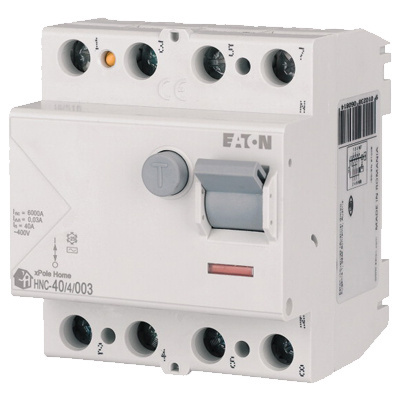 Wyłącznik różnicowoprądowy 4P 40A 0,03A xPole Home HNC-40/4/003 Eaton Electric zamontowany na szynie TH35 w rozdzielnicy Wyłącznik różnicowoprądowy 4P 40A 0,03A xPole Home HNC-40/4/003 Eaton Electric zamontowany na szynie TH35 w rozdzielnicy